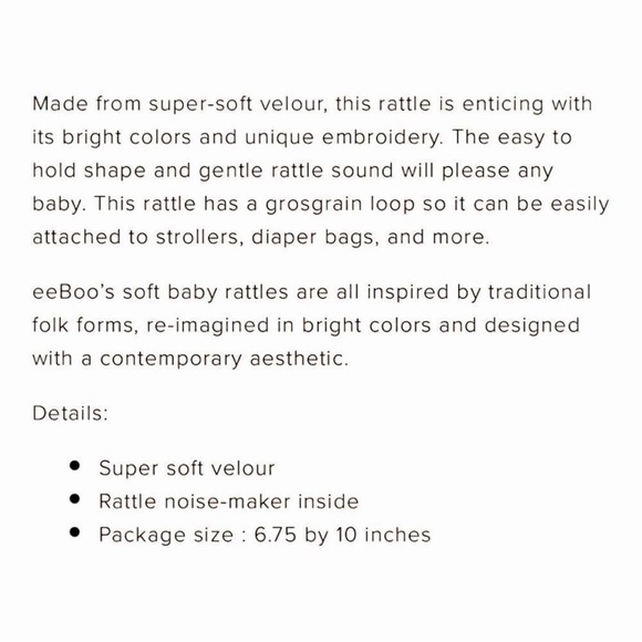 eeBoo Traditional Folk Form Bird Rattle Plush Soft Velvet Bright Colors Embroide - Picture 3 of 3